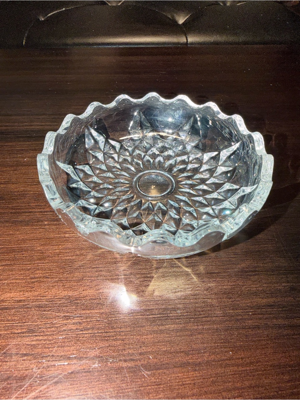 Clear Scalloped Glass Serving Bowl with Starburst Cut